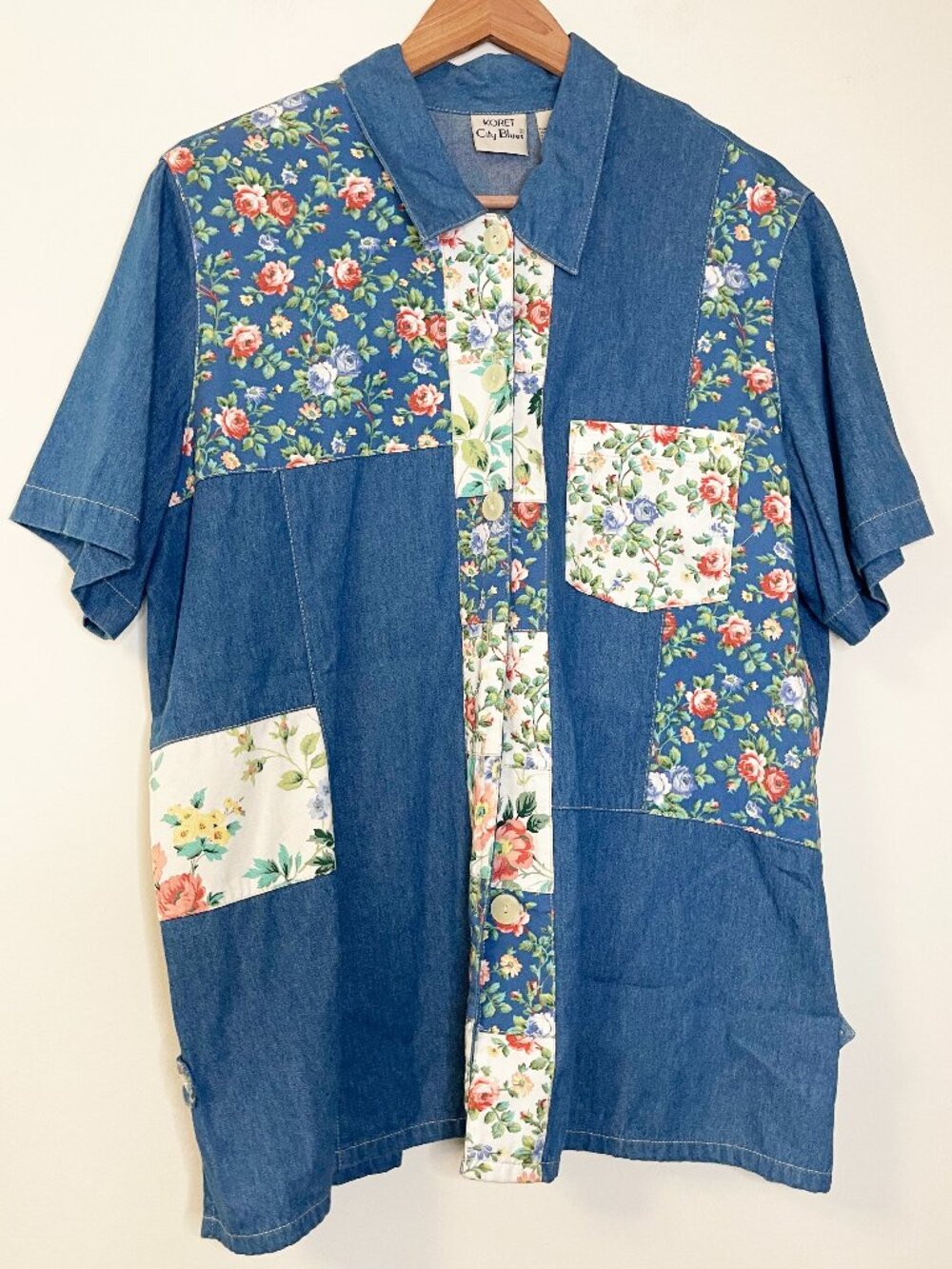 Vintage Koret City Blues Denim Floral Patchwork Shirt Size 18W Cottagecore